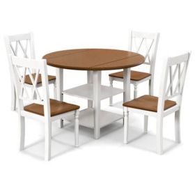 Round Drop Leaf Dining Table Set with 4 Chairs in White/Walnut Wood Finish