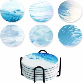 Coasters for Drinks Set of 6, Ocean Style Drink Coasters with Holder, Round Marble Absorb Water Cork Coaster for Coffee Table Gifts Home Decor, 4 Inch