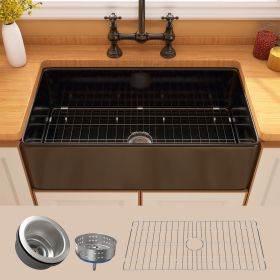 33 Inch Fireclay Farmhouse Kitchen Sink Black Single Bowl Apron Front Kitchen Sink, Bottom Grid and Kitchen Sink Drain Included