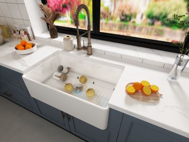 Fireclay Farmhouse Kitchen Sink 33 inch Apron Sink Single Bowl Farm Sink with Bottom Grid in & Drain ; White Color