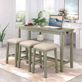 TOPMAX 4 Pieces Counter Height Table with Fabric Padded Stools; Rustic Bar Dining Set with Socket; Gray Green