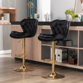 Set of 2 Bar Stools; with Chrome Footrest and Base Swivel Height Adjustable Mechanical Lifting Velvet + Golden Leg Simple Bar Stool-black