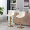 Chrome Footrest and Base Swivel Height Adjustable Mechanical Lifting Velvet + Golden Leg Simple Bar Stool; Set of 2; Ivory