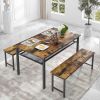 3 Pieces Farmhouse Kitchen Table Set with Two Benches, Metal Frame and MDF Board