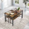 3 Pieces Farmhouse Kitchen Table Set with Two Benches, Metal Frame and MDF Board