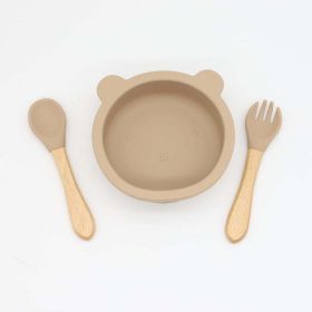 Baby Bear Shape Food Training Silicone Bowl With Spoon Tableware (Size/Age: Average Size (0-8Y), Color: Khaki)