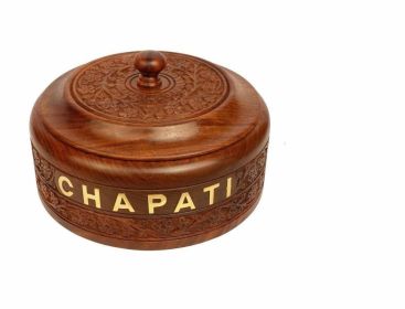 WILLART Handicraft Wooden Stainless Steel Bread Chaoati Casserole with Copper Finish Design; 1200 ml (Brown; 9 X 9 X 3.5 Inch ) (BROWN: ENGRAVED)