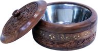 WILLART Handicraft Wooden Stainless Steel Bread Chaoati Casserole with Copper Finish Design; 1200 ml (Brown; 9 X 9 X 3.5 Inch )